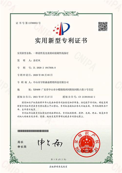 实用新型专利证书  一种柔性发光效果硅胶硬性线条灯