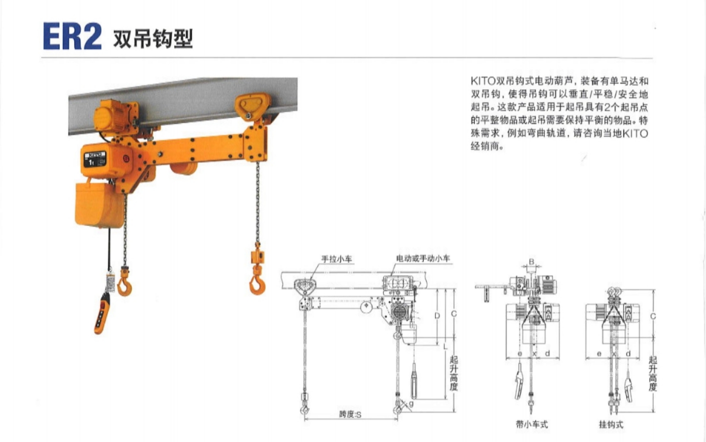 供应 KITO双吊钩式电动葫芦